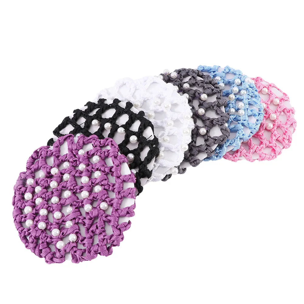 1pc Crochet 6 Colors Mesh Bun Cover with White Pearl Ballet Dance Skating Hair Net Snood for Women accesorios para el cabello