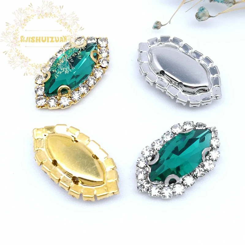 Malachite Green Horse Eye Shape Glass Crystal Sew On Rhinestones With Silver Bottom Crystal Buckle Diy Wedding Dresss