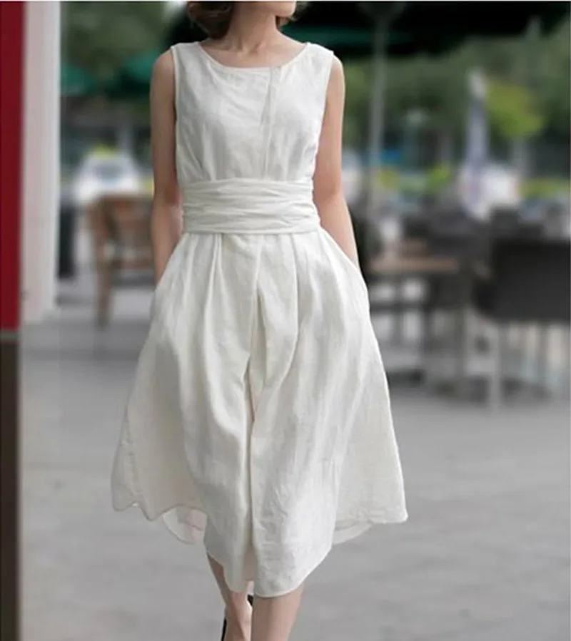 

Бесплатная доставка, лето 2021, льняная хлопковая цельная жилетка размера плюс S-XL, без рукавов, ol платья для женщин, элегантные женские длинные до середины икры