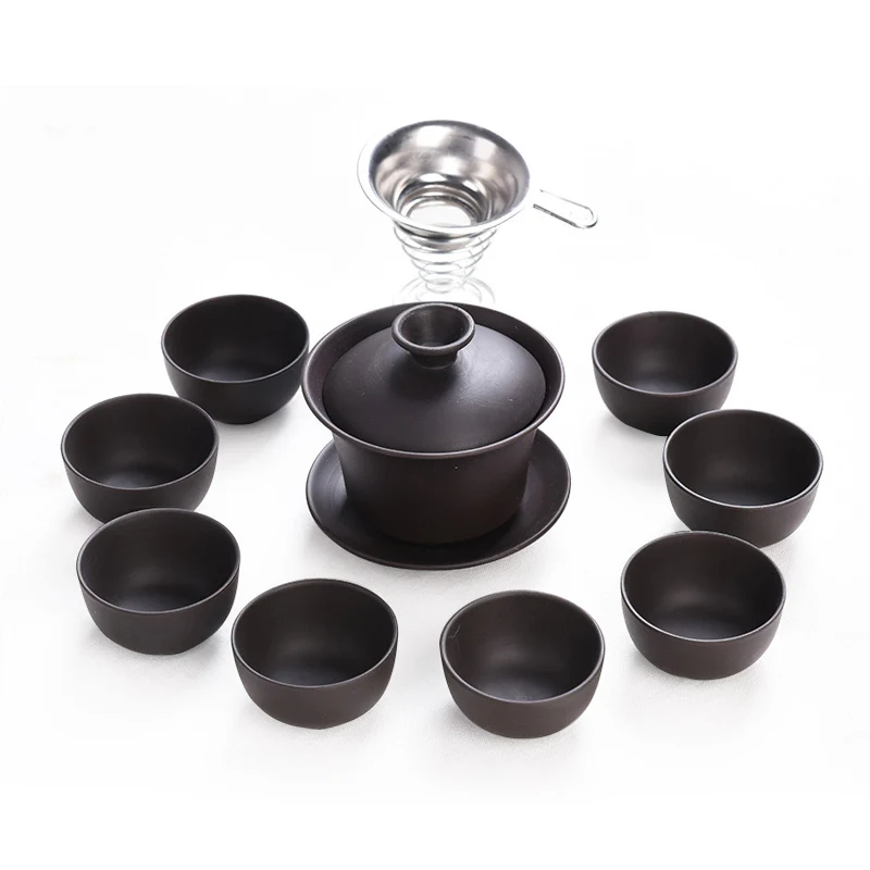 10pcs Kung Fu Tea Set 1 pot 8 Cup,Ceramic Gaiwan Chinese Drinkware Yixing Teapot Handmade Purple Clay Tea Pot Puer Cup Set