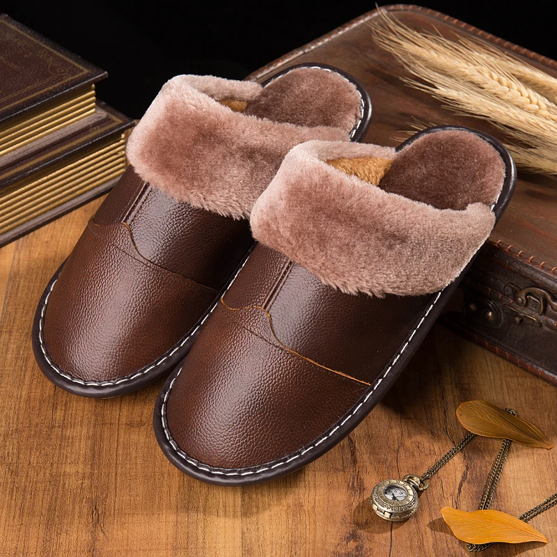 Mntrerm New Winter Men Genuine Leather Slippers Fur Warm Plush Leather Stitching Slides Oxford Flat Man Home Waterproof Shoes