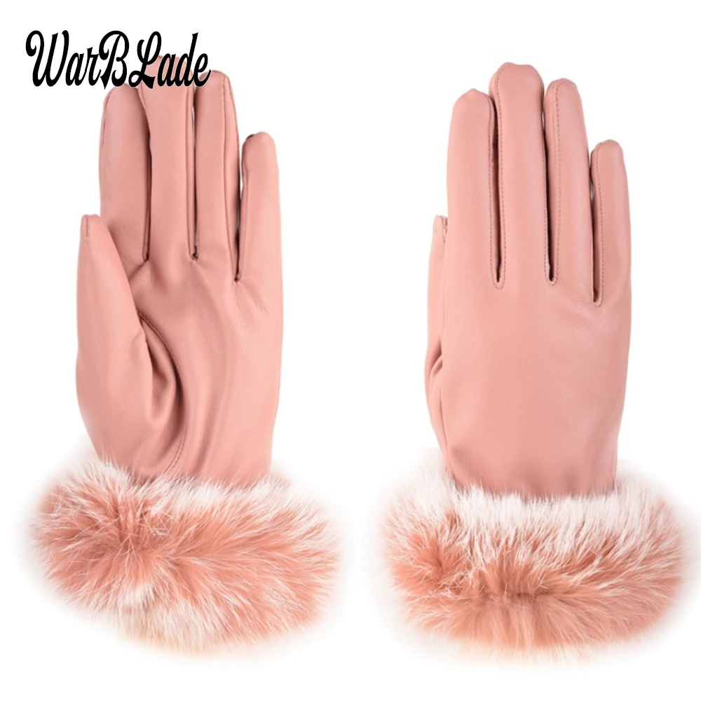 

Fashion Winter Women Outdoor Casual Gloves Leather Plush Windproof Full Finger Wrist Mittens Lady Warm Rabbit Fur Glove WBL