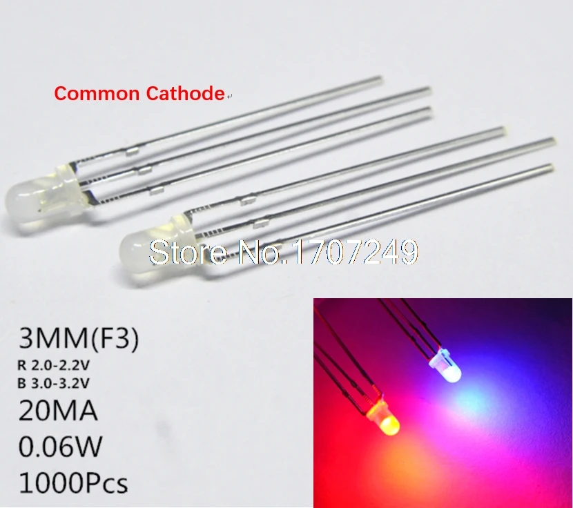 

1000pcs 3mm Red And Blue Diffused Common Cathode 3 mm 3pin LED Diode Light Round 20mA Bicolor Light-Emitting Diode Lamp