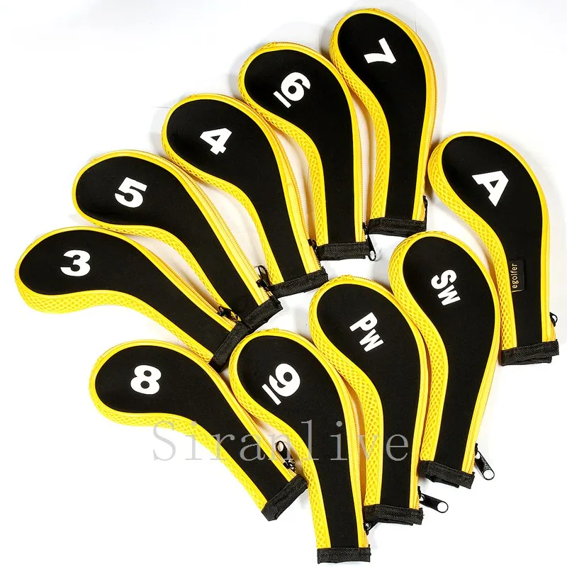 High Quality 10Pcs Rubber Neoprene Golf Head Cover Golf Club Iron Putter Protect Set Number Printed with Zipper Long Neck