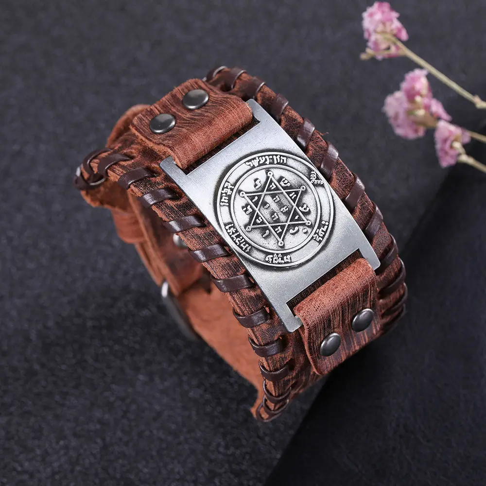 LIKGREAT Vintage Solomon Star of David Hexagram Charm Bracelets Men Wide Leather Bracelet Vintage Tantrism Amulet Jewelry Gifts