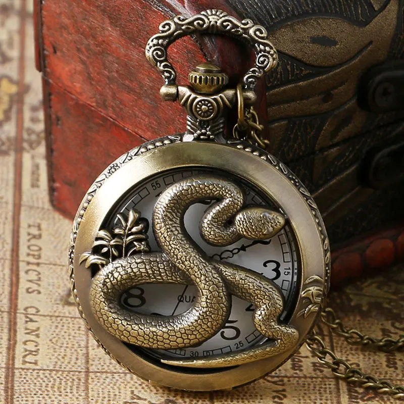 Bronze Vintage Pocket Watches Pendant Hollow Chinese Zodiac Snake Quartz Pocket Watch Necklace Retro Clock Gift for Children