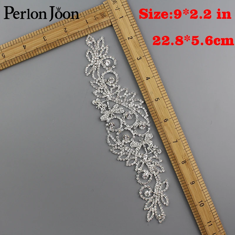 Long Flower Crystal Silver Applique Rhinestone Patch Sew For Bridal Headdress Wedding Dress Accessories Flashing 9*2.2 YHC010