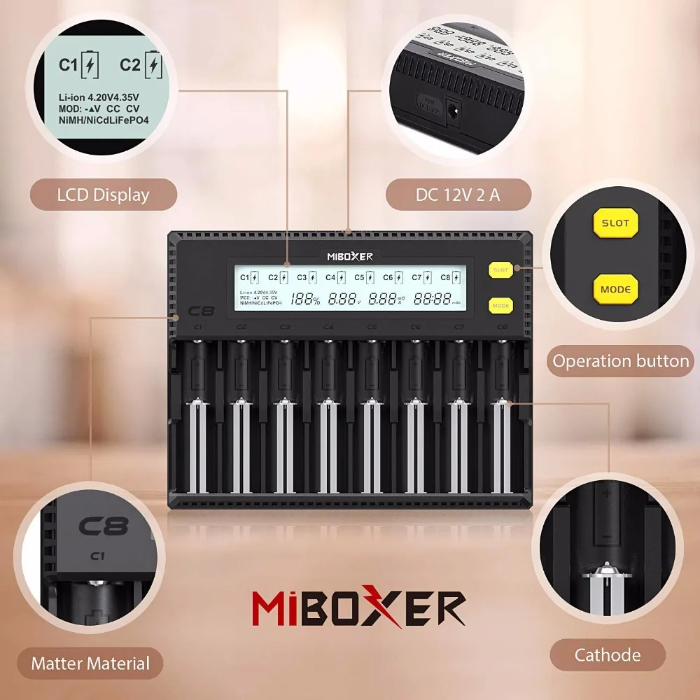 MiBOXER C8 18650 Battery Charger LCD Display 1.5A for Li-ion LiFePO4 Ni-MH Ni-Cd AA 21700 20700 26650 18350 17670 LiFePO4 18700