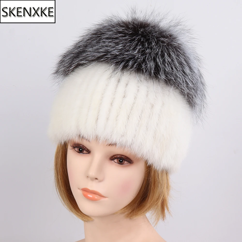 

New Winter Fashion Lady Import Natural Mink Fur Hats Women Knit Warm Mink Fur Beanies Hat Elastic Plush Silver Fox Fur Cap