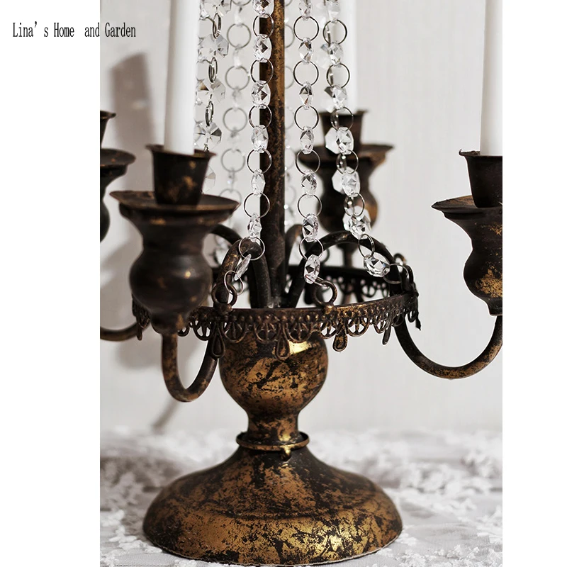 4 arms antique vintage golden metal candle holder crystal candelabra