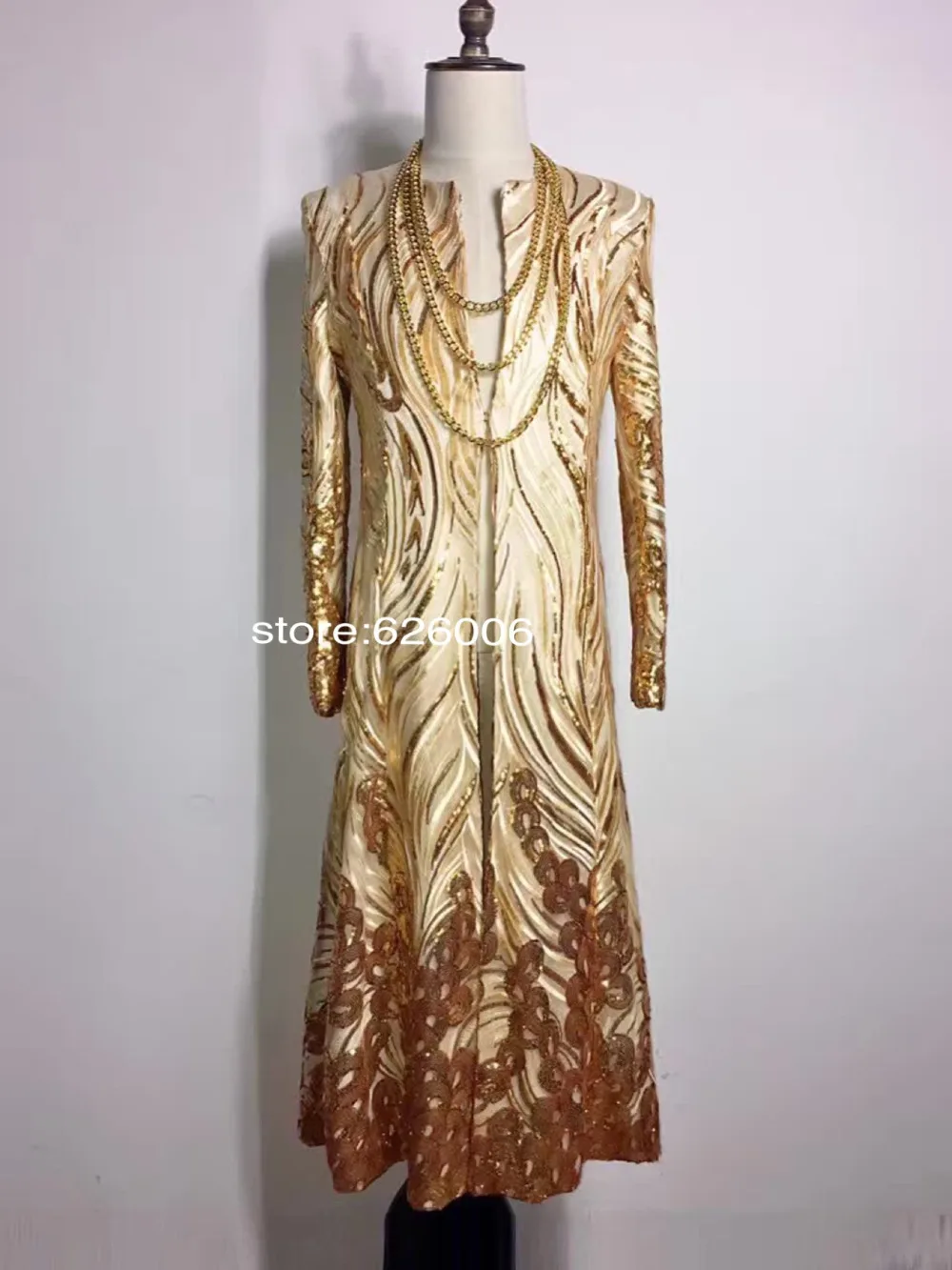 

Fashion Cool Male singer GD nightclub DJ long designed super flash gold cloak costumes Party Show Stage performance costumes