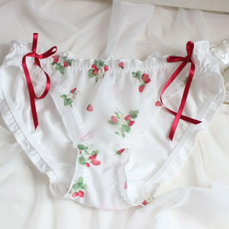 Japanese Style Strawberry Print Panties Cute Lovely Sweety Princess Underwear Bow Ruffle Chiffon Cotton Soft Girl Breifs