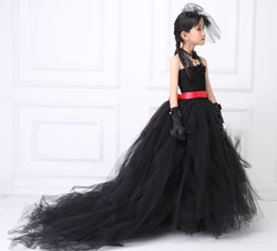 POSH DREAM Classic Black Party Dress for Kids Girls with Long Train Tulle Black Solid Vintage Costume for Kids Birthday Dresses