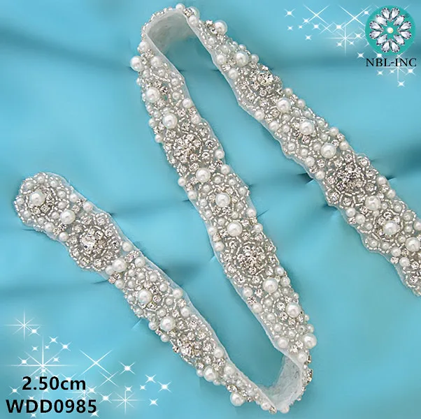 (10 YARDS) Wholesale bridal beaded pearl rhinestone applique trim iron on for wedding dress belt WDD0985