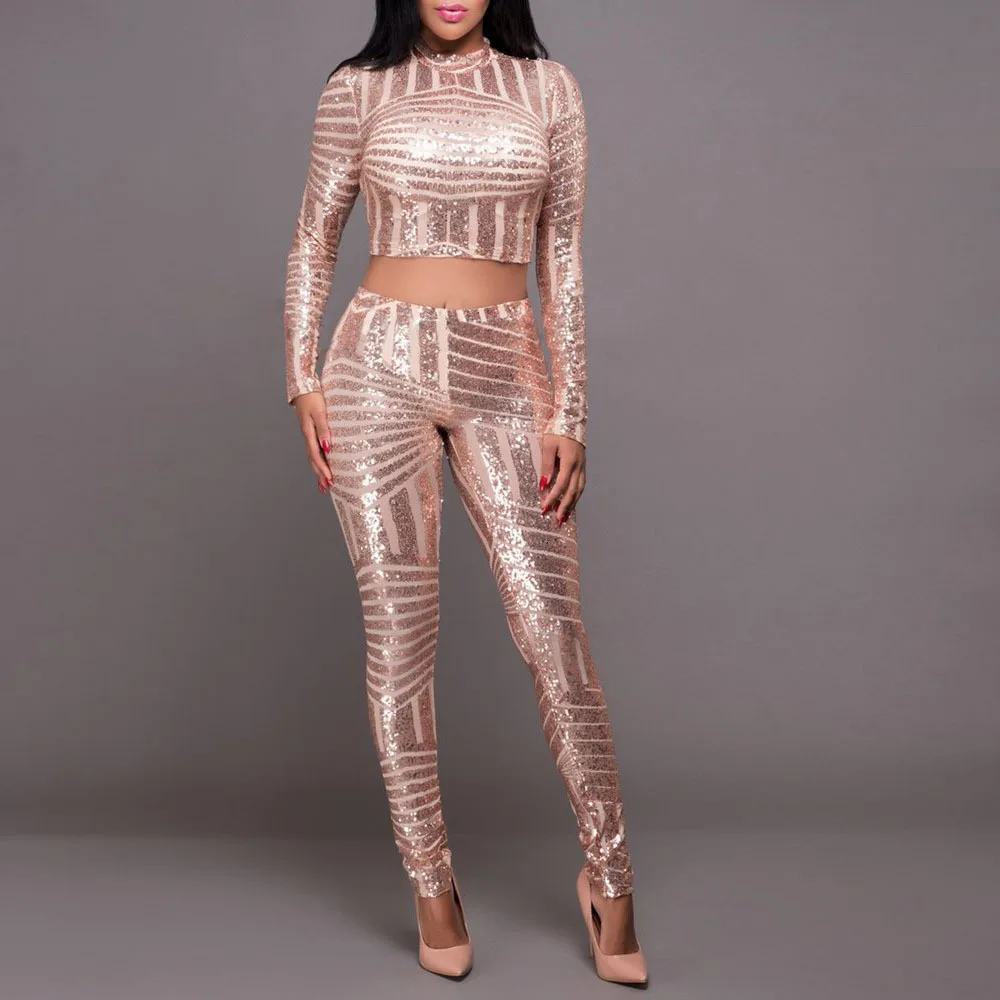 New Fashion Sexy Slim Black Red Gold Bodycon Bandage Playsuit Hollow Out Sequined Women Bodysuit Bandage Jumpsuits Pencil Pants