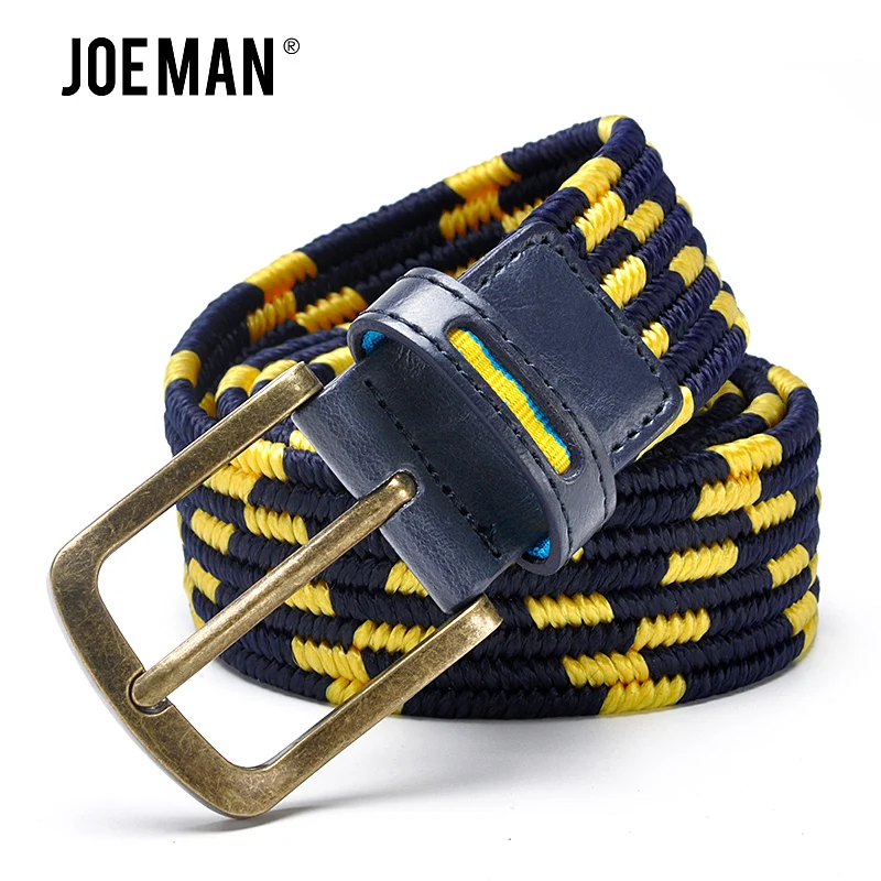 Fashion Men Stretch Belt With Braided Style  Antique Brass Buckle Yellow And Navy Color Strap Elastic Male Belts