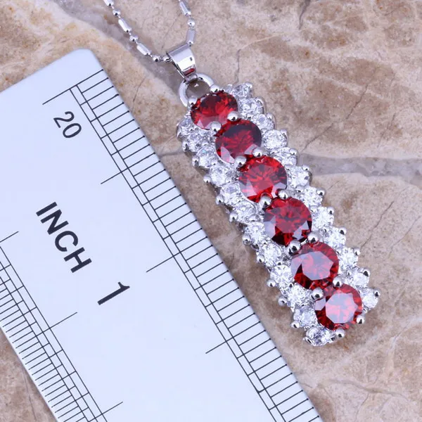 Precious Red Garnet White CZ Silver Plated Jewelry Sets Earrings Pendant Ring Size 6 / 7 / 8 / 9 / 10 S0155