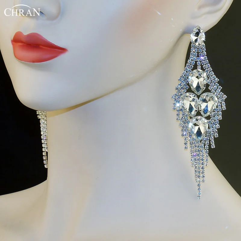 CHRAN Luxury Exaggerated Sparkling Rhinestone Wedding Party Jewelry Crystal Ultra Long Tassel Dangle Big Drop Earrings for Women