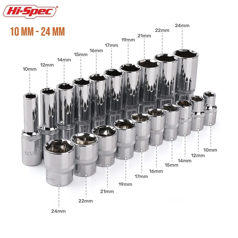 Hi-Spec 10pc 1/2 inch Short Long Socket Set CRV 10-24mm Deep Socket Adapter for Torque Ratchet Socket Wrench Spanner Repair Tool