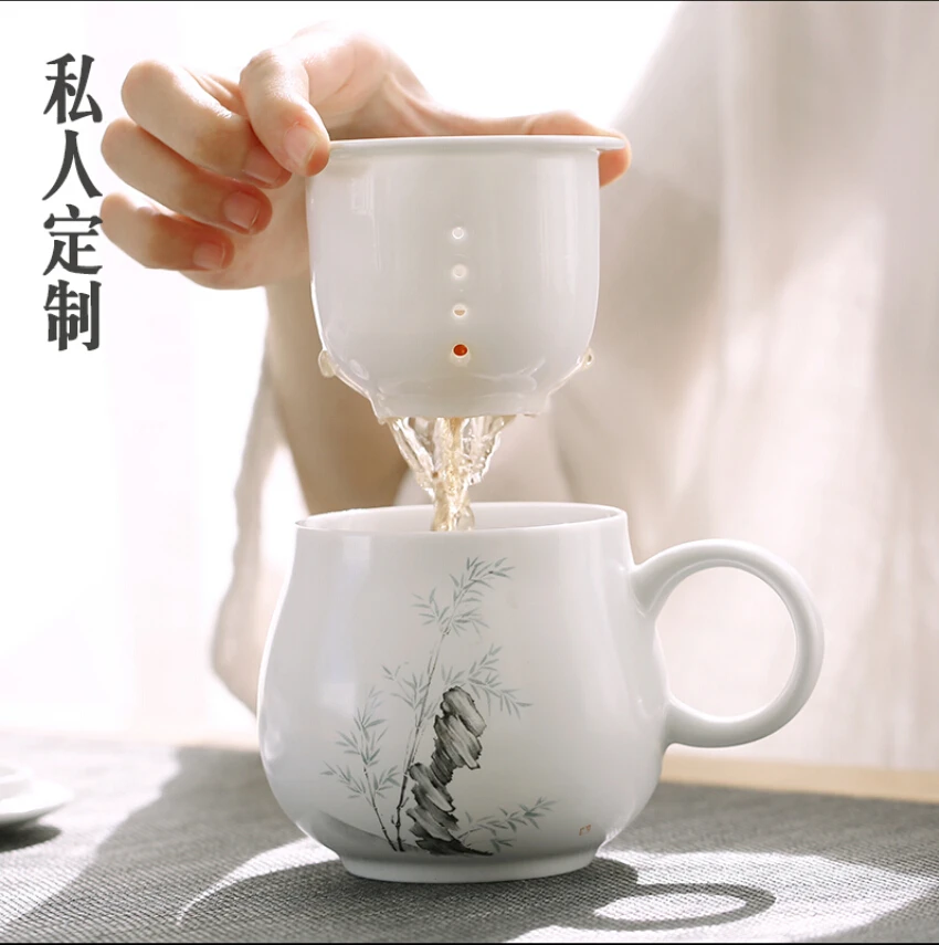 Dezheng kiln white ceramic tea cup with lid filter mug  gift office cup  tea teapot  coffee ceramic mugs