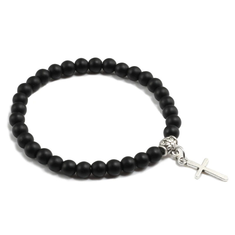 Fashion Natural Stone Bracelet Style Cross Pendant Bracelet Men Matte Volcanic Lava Rock Stone Beaded Bracelets Women Jewelry