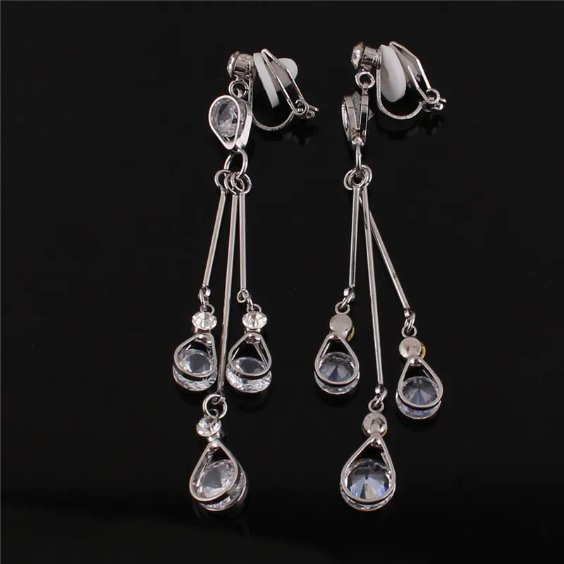 Grace Jun High-grade Full AAA Cubic Zircon Long Tassel Clip on Earrings Non Piercing for Women Elegant Jewelry Ear Clip Bijoux