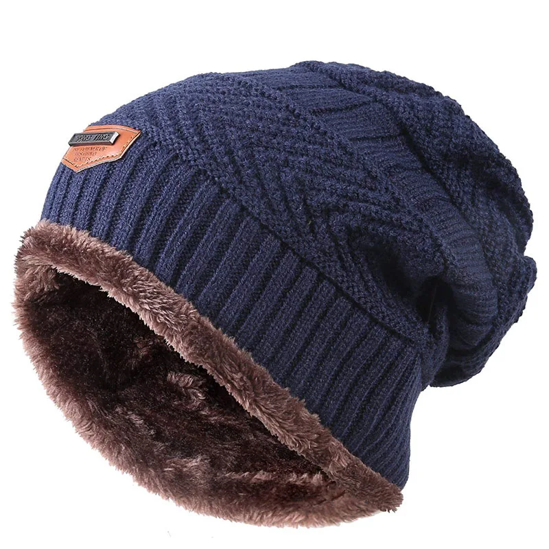 Men Warm Winter Knitted Beanie Hat Fleece Sullies Cap Black  Male Casual Thick Soft  Head Warmer