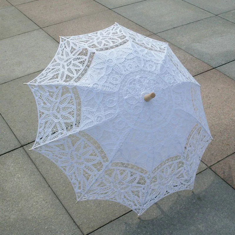 30pcs/Lot Elegant Princess Lace Parasol Wedding Umbrella Battenburg Lace Handmade Beach Long-handle Sun Parasol ZA4965