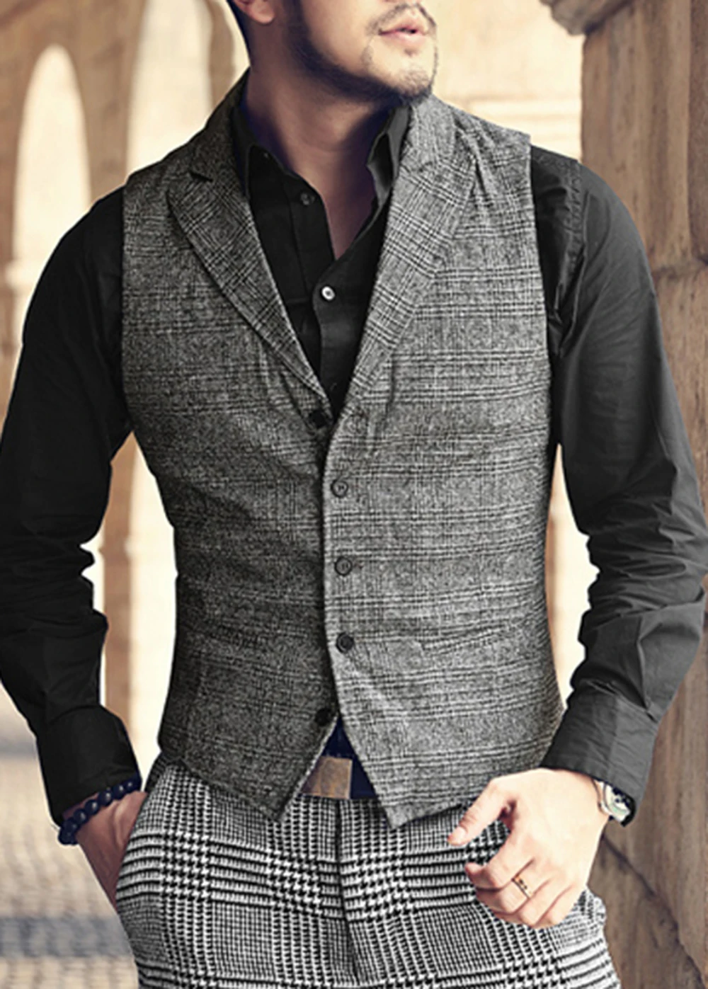 Mens Suit Vest Plaid Neck Wool Grey Single-breasted Slim Fit Waistcoat Casual Formal Business Groomman For Wedding Best Man