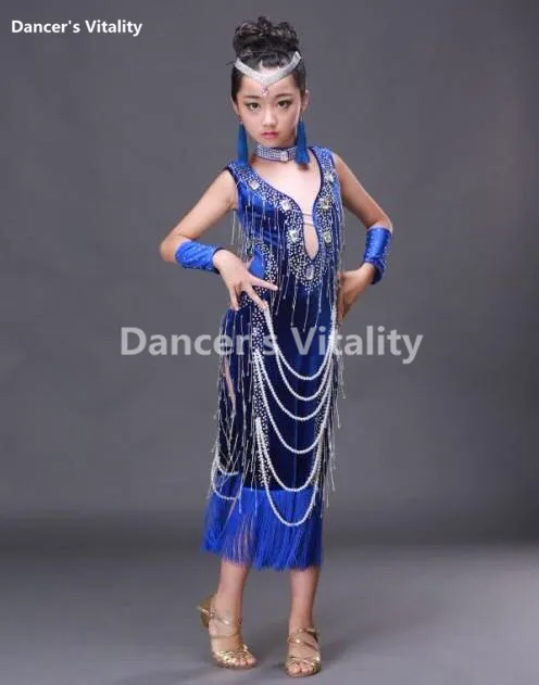 

New Children Latin Diamonds Tassel Dancing Skirt Child's Rumba ChaCha Latin Competition Dance Dresses Latin Costumes For Girls