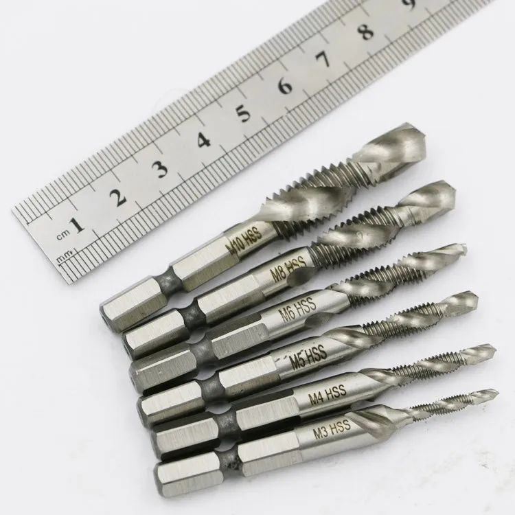 6Pcs HSS Thread Spiral Screw Metric Composite Tap Drill Bit 1/4 Hex Shank Tap M3 M4 M5 M6 M8 M10 For Woodworking Tool