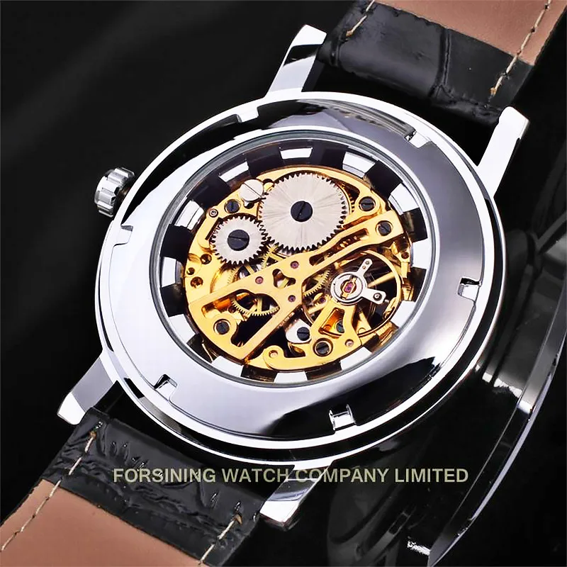 Reloj mecánico con esfera grande para hombre, pulsera automática de cuero transparente, Steampunk, winner, marca de lujo