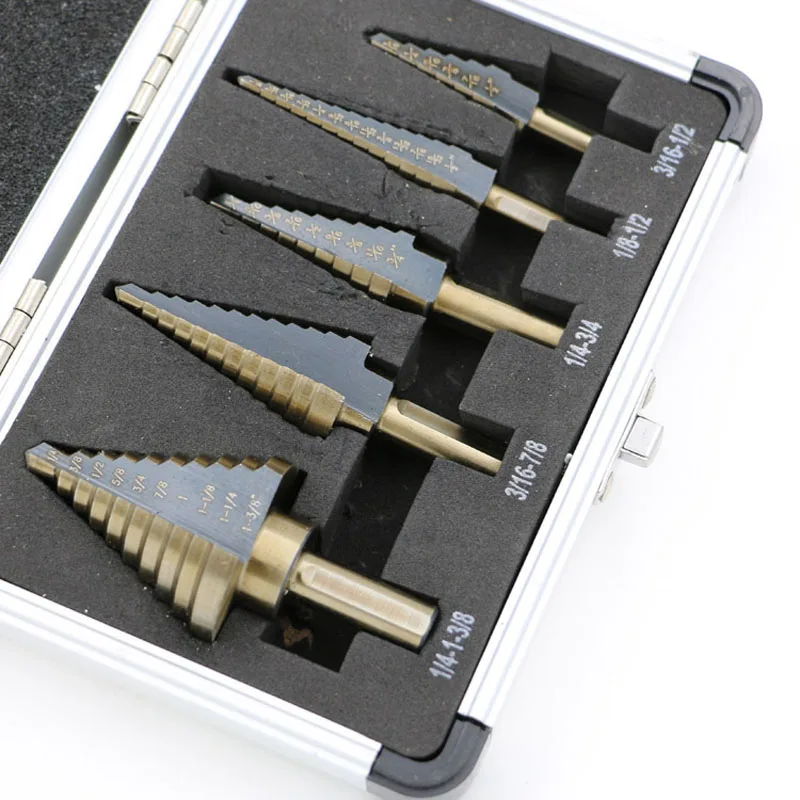 

Arrival High Quality 5pcs/Set HSS COBALT MULTIPLE HOLE 50 Sizes STEP DRILL BIT SET w Aluminum Case