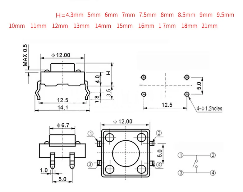 50Pcs/Lot 12x12x9.5 12x12x9.5MM Touch Button Micro Switch Direct Plug-in Self-reset 12*12*9.5mm keys button DIP 4PIN 12*12*9.5