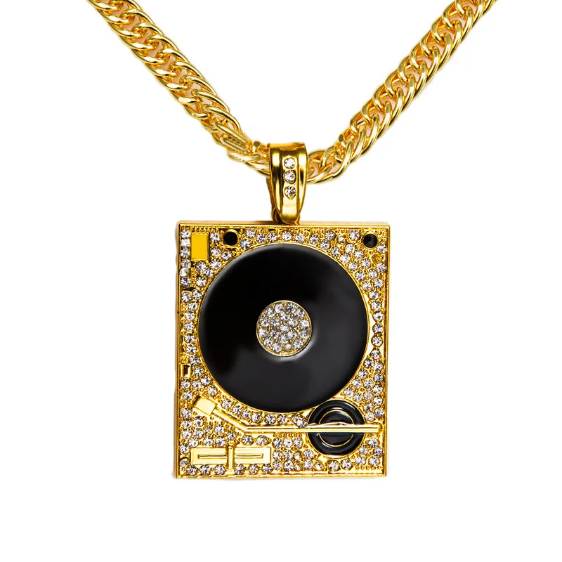 High Quality Gold Plated Hip hop Rapper Nightclub DJ Phonograph Round Square Crystal Pendants Necklaces 80cm Long Jewelry