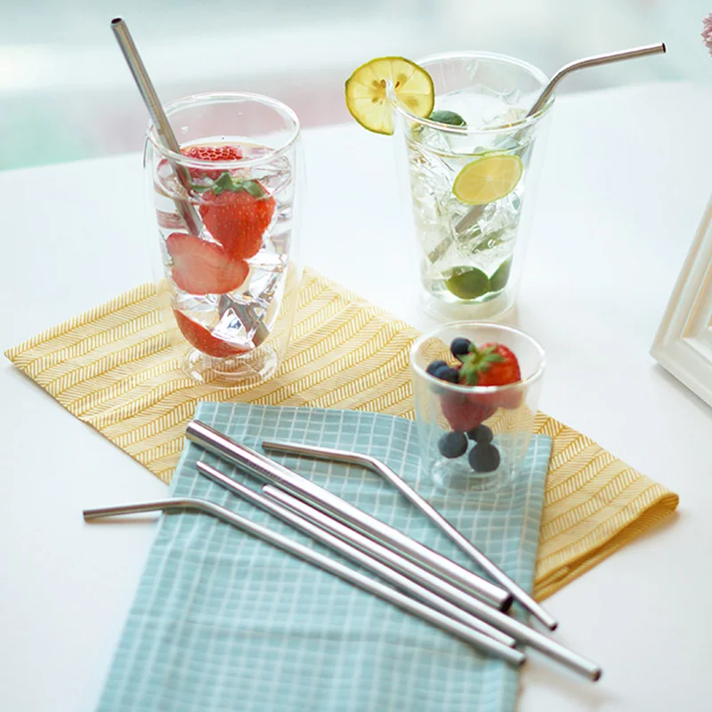 Reusable Drinking Straw 304 Stainless Steel Straws Straight Bent Metal Straw with Cleaner Brush Pouch Wholesale