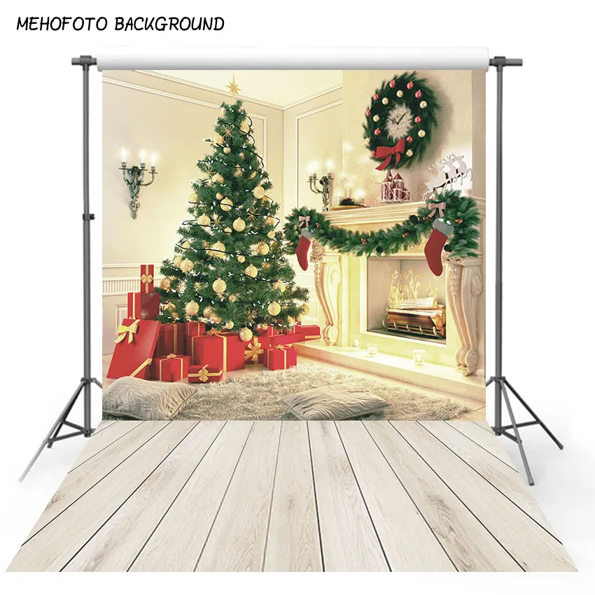 

Christmas Tree Gift Candle Bauble Gray Wooden Floor Flower Wreath Photo Background Vinyl Photography Backdrops For Photo Studio