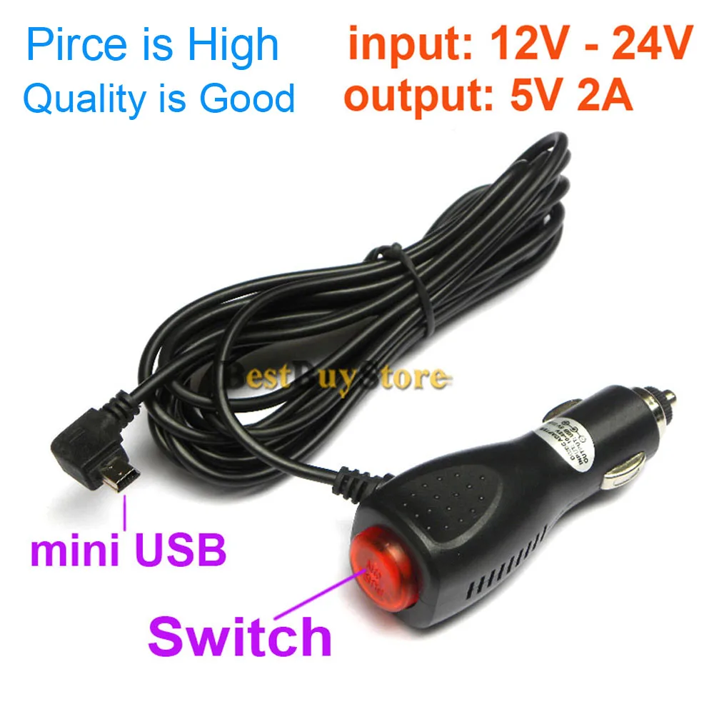 

New mini USB Car Charger Adapter for Car DVR Camera / GPS / Pad, input DC 12V - 24V Output 5V 2A, Cable Length 3.5m 11.48ft