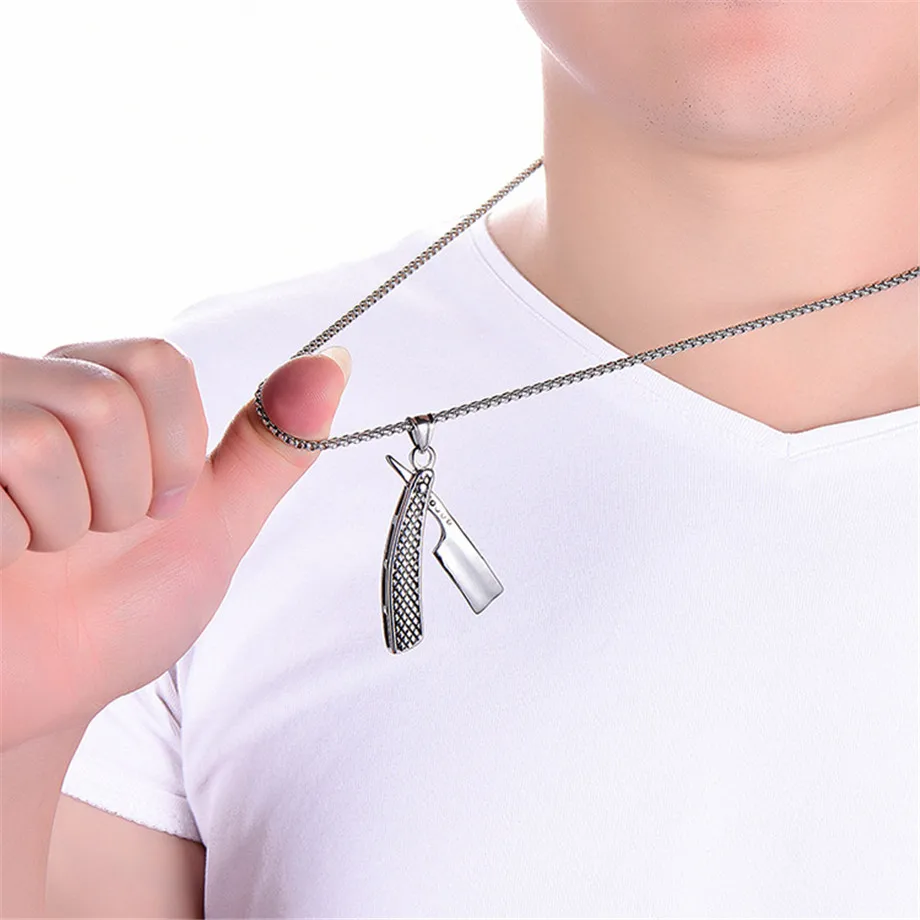 Punk Razor Blade Pendants Necklaces Gold Color Stainless Steel Chain Barber Shop Necklace for Men Jewelry