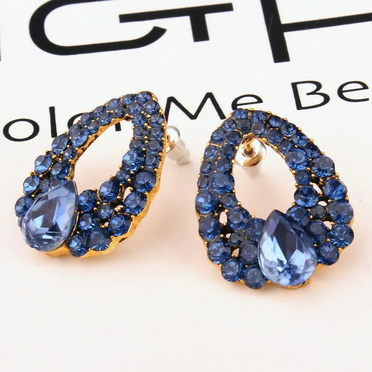 Luxury vintage Blue Crystal Oval Stud Earrings For Women Natural Stone Fashion Big Earrings  Piercing Jewelry Bijoux