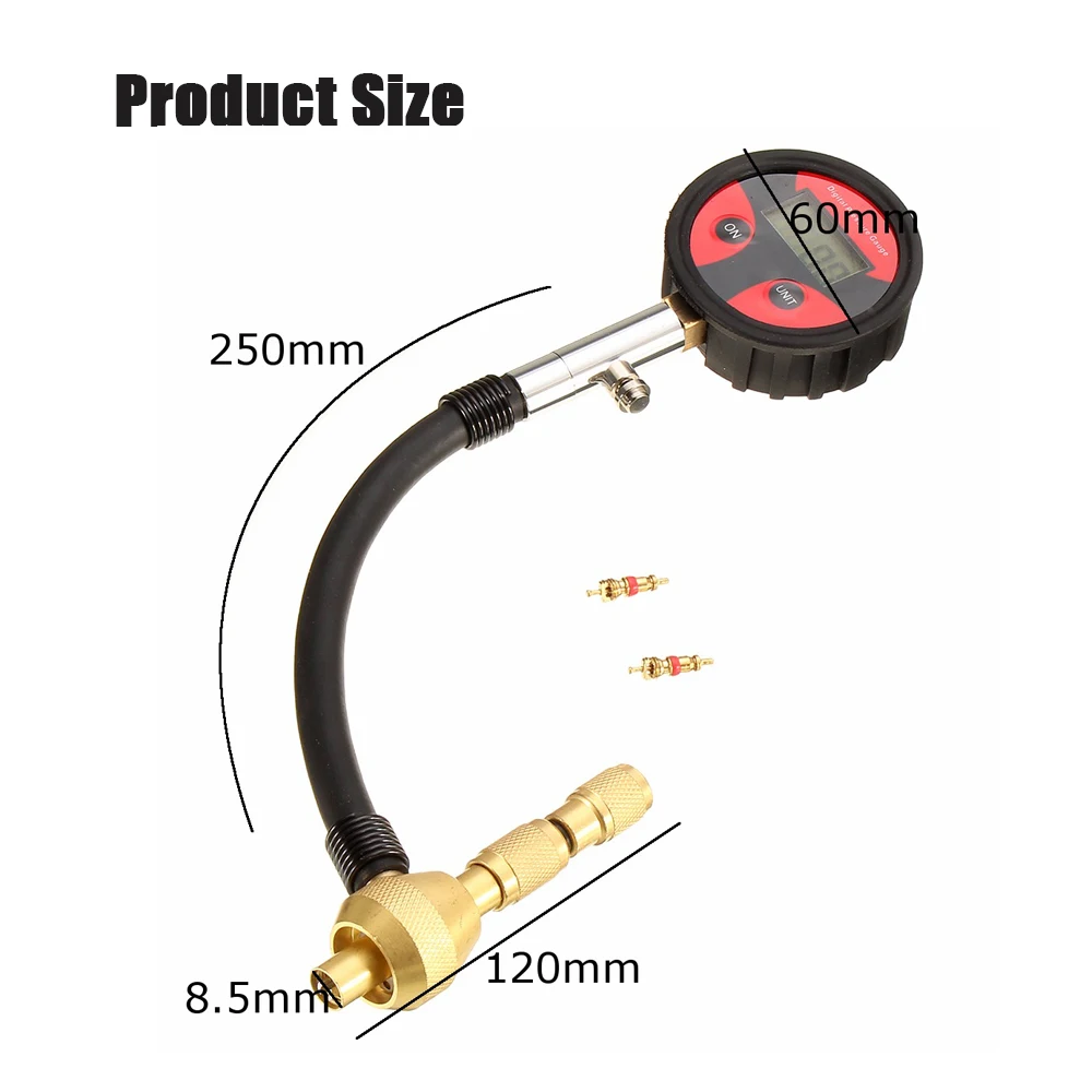 Auto Motorcycle Car Cycle Truck Tire LCD Digital Pressure Gauge With Tire Core 2x Built-in CR2032