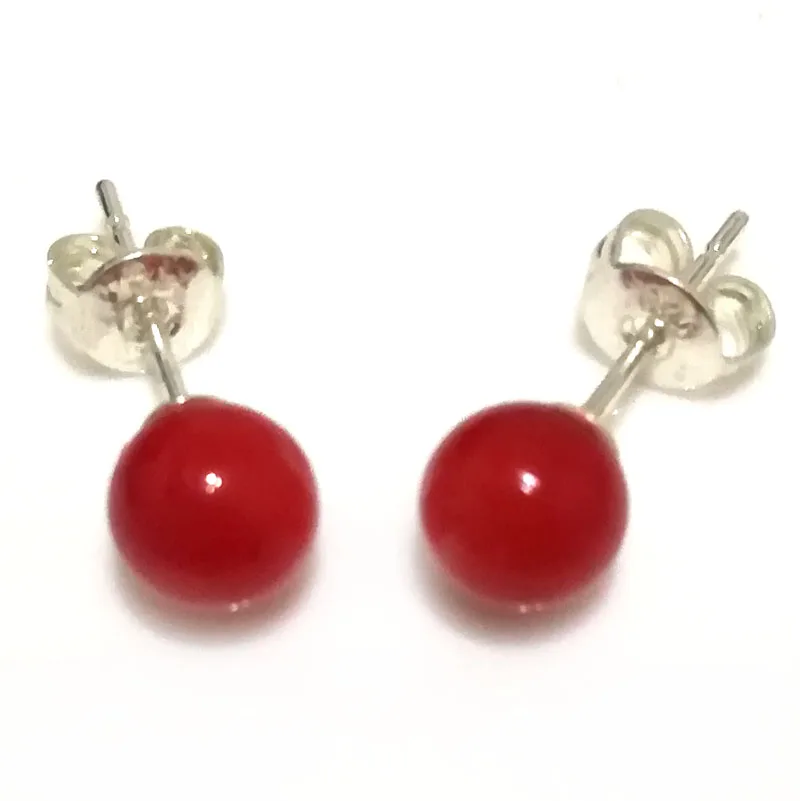 6-7mm Red Natural Round Coral Earring With 925 Sterling Silver Stud