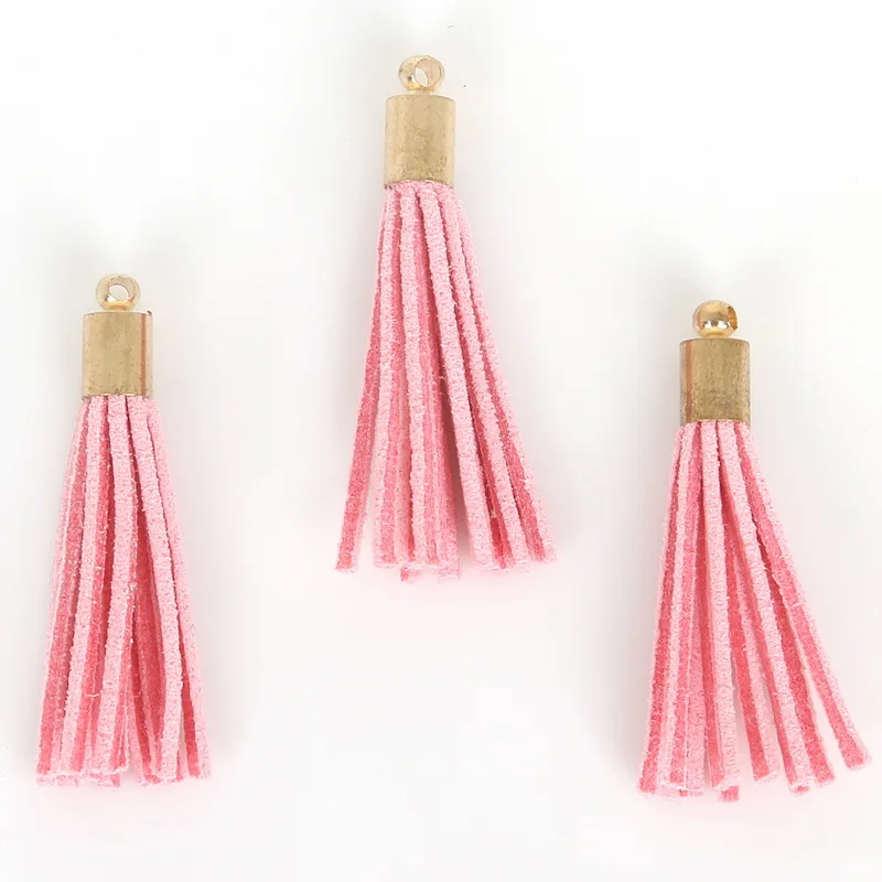 30 sztuk/partia 35mm Suede Tassel do pęku kluczy do telefonu komórkowego biżuteria Charms skórzane frędzle Plated złoty czapki Diy akcesoria