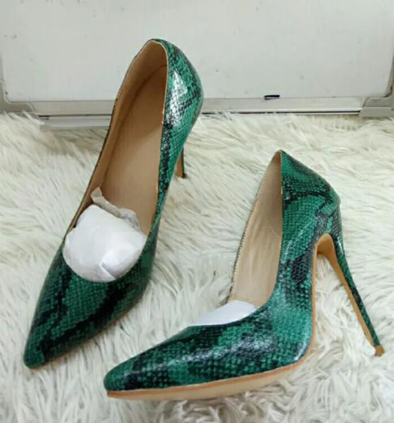 Sexy Ladies Green Python Leather Stiletto Heels Pumps Pointed Toe Female Spring Slip on Snakeskin Party High Heels for Woman