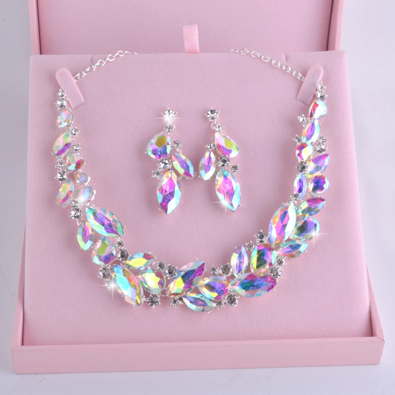 AB Color Marquise Rhinestone Bridal Wedding Jewelry Sets Women Party Necklace Earrings Set Crystal Unique Dress Accessories