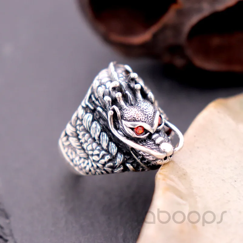 Vintage Black 925 Sterling Silver Chinese Dragon Head Ring with Red Garnet Stones,Mens Jewelry,Size 8-12,Free Shipping