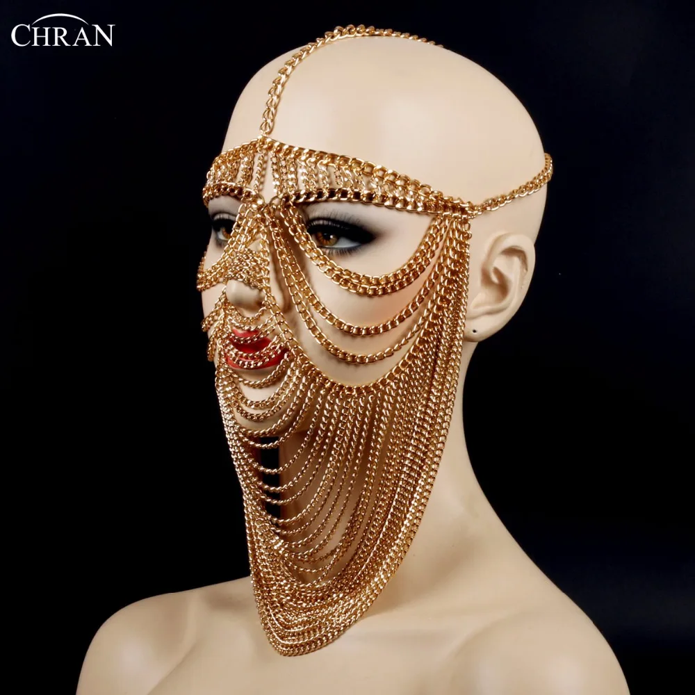 Chran New Sexy Luxury Women Punk Multi Layer Metal Head Chain Headdress Jewelry Forehead Headband Face Mask Body Jewelry CRBJ805