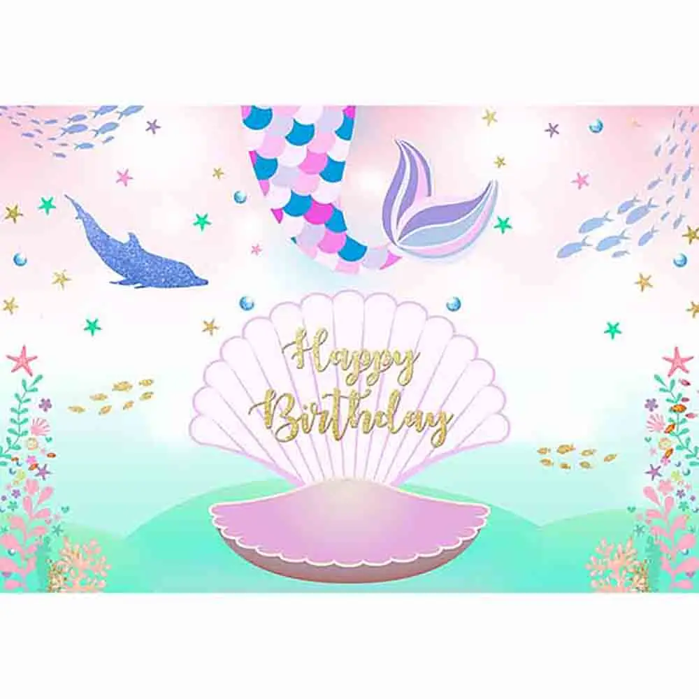 Allenjoy人魚の尾パーティー背景サンゴシェル下海魚パステルphotozone装飾ハッピーバースデーベビーシャワーのパーティーバナー