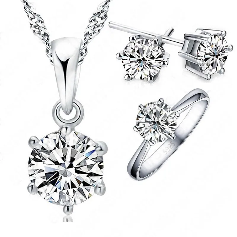 WomanBirthday Gift Wedding Jewelry Set Fashion 925 Sterling Silver Color Crystal Necklace Ring Earring 3 pcs/set   Fast Shipping