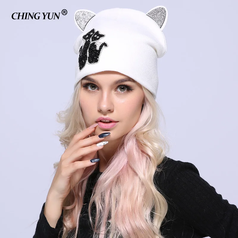 New Winter Women Knitted Hats lady Warm Caps Diamond  Solid Thicker Girls Cap Cute Cat Ears High Quality Wool Hat 2018